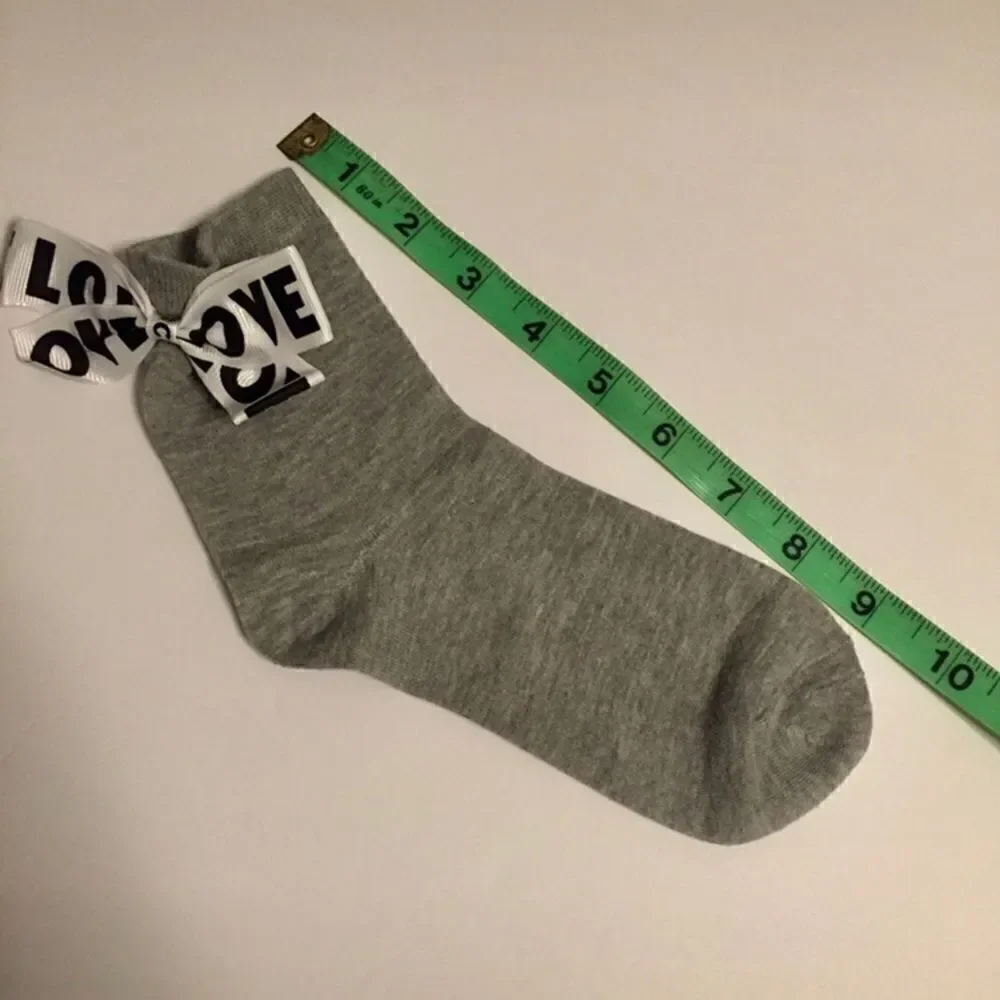 Women's Gray LOVE Bow Ankle Socks Coquette Ribbon Cotton Blend One Size